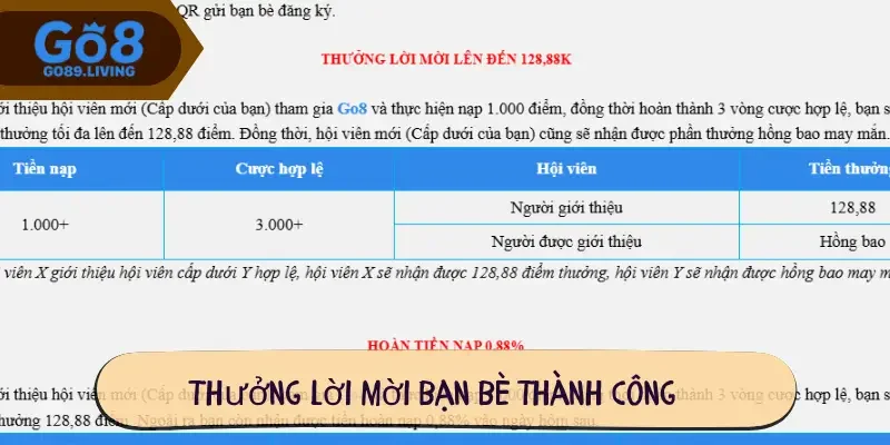 Thưởng lời mời bạn bè thành công